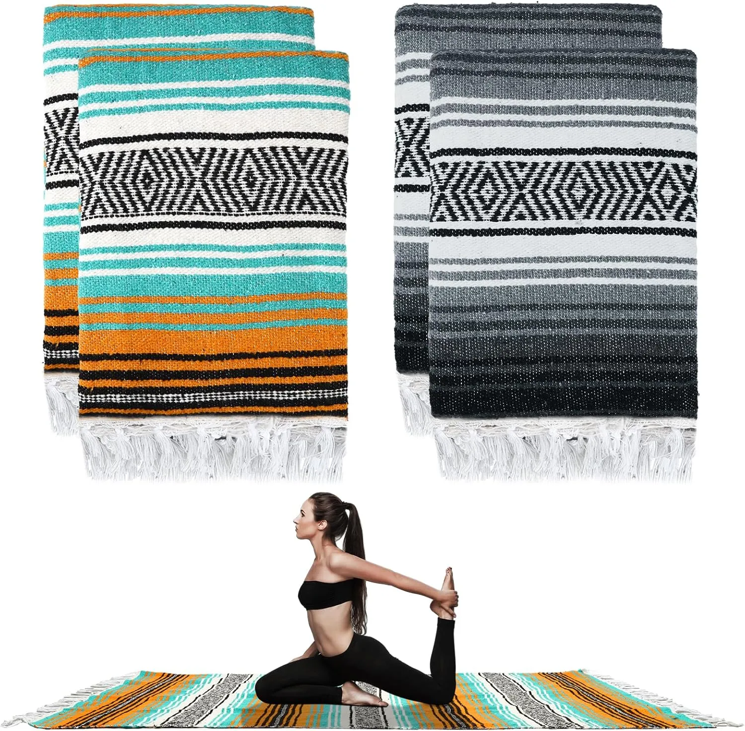 Preboun 4 Pcs Large Mexican Yoga Blanket Pack 45 x 70 Inch Thick Woven Camping Picnic Beach Car Travel Throw Blanket Outdoor Patio Mat Towel