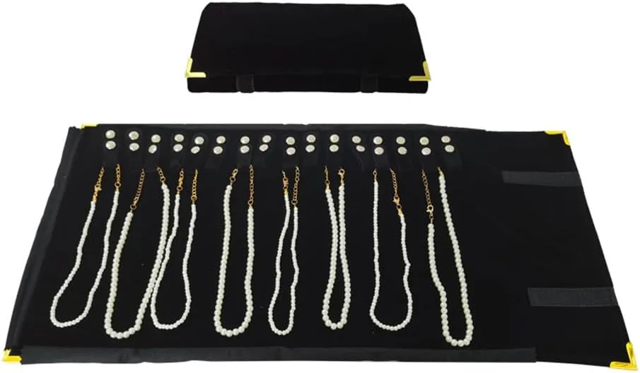 Premium Jewelry Roll Organizer for 16 Necklaces 55cm x 29cm Metal Snap & Velcro Closure - Ideal for Travel and Storage (Black with golden corner)