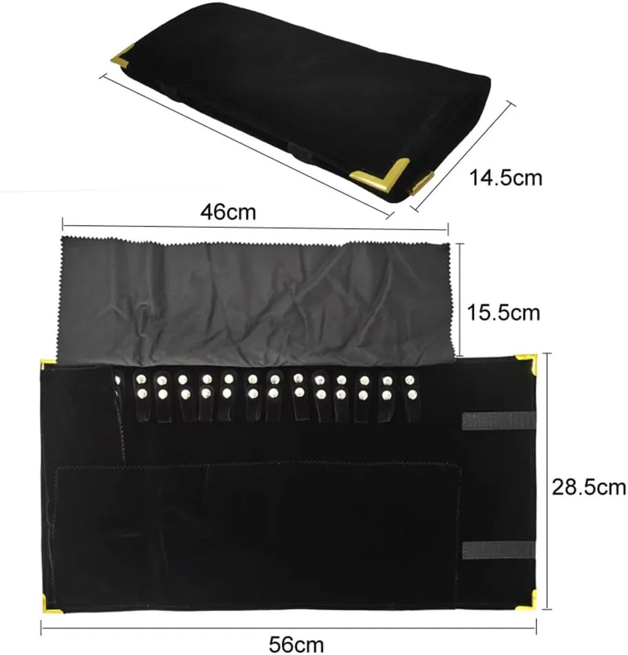 Premium Jewelry Roll Organizer for 16 Necklaces 55cm x 29cm Metal Snap & Velcro Closure - Ideal for Travel and Storage (Black with golden corner)