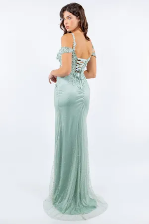 Prom and ball gown with sequin slit with spaghetti corset back