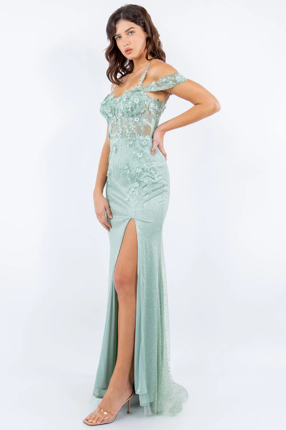 Prom and ball gown with sequin slit with spaghetti corset back