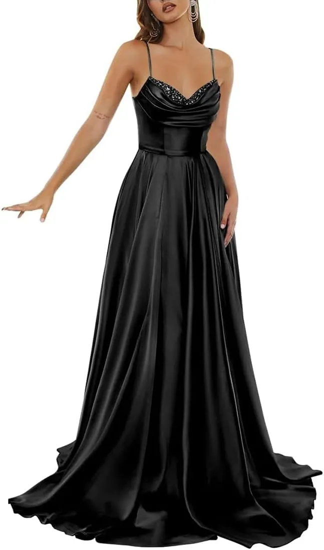 Prom Dress Spaghetti Strap Maxi Women's Formal Dresses with Beaded and Ruched