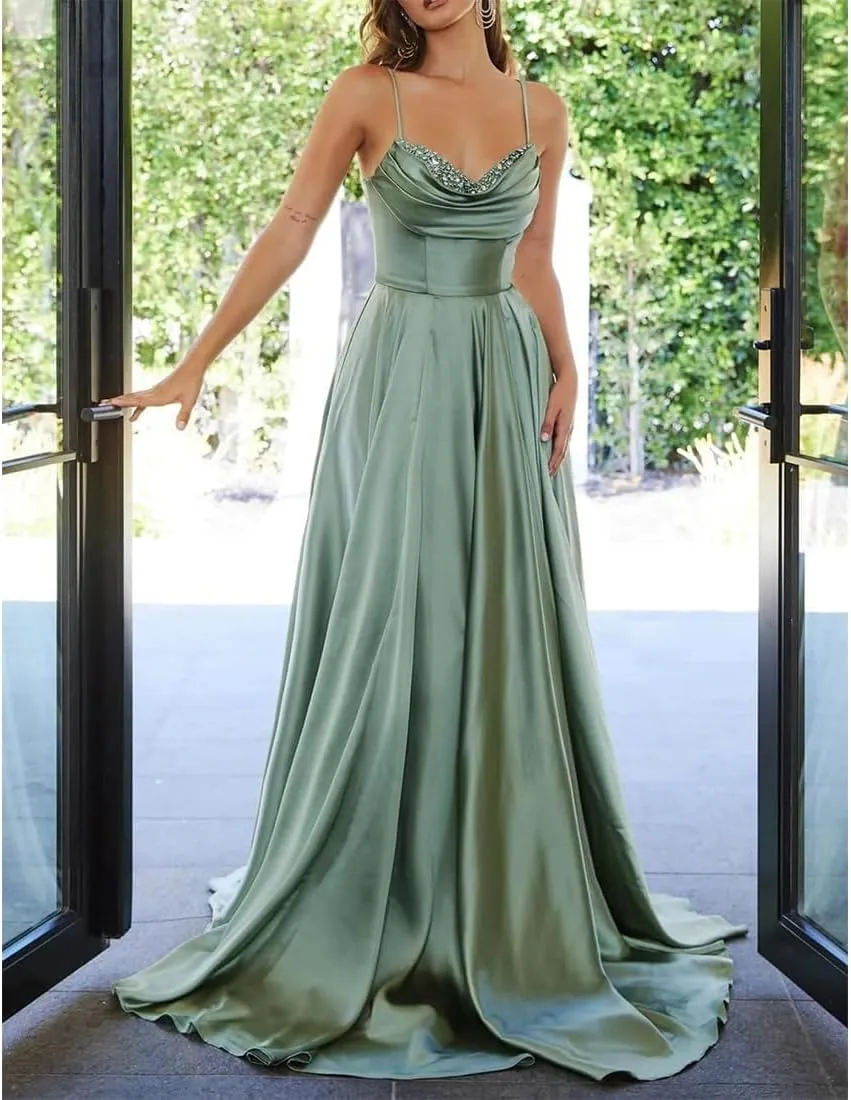 Prom Dress Spaghetti Strap Maxi Women's Formal Dresses with Beaded and Ruched