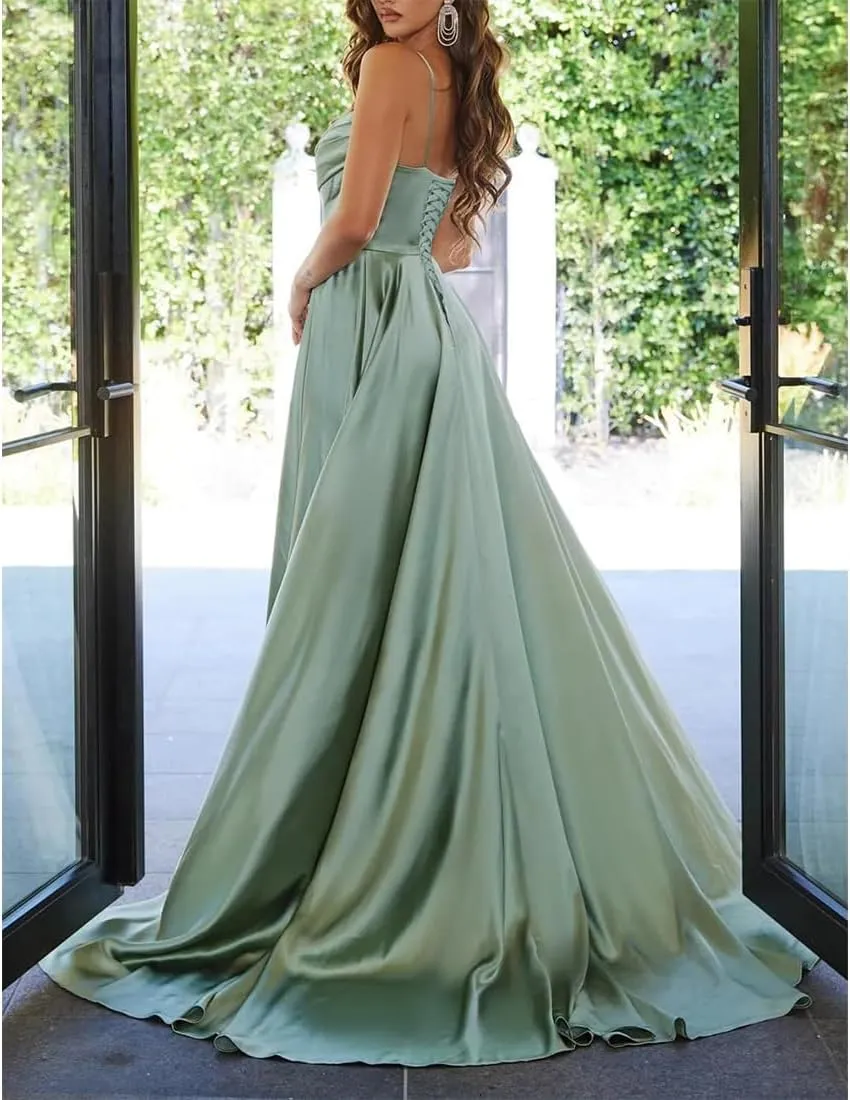 Prom Dress Spaghetti Strap Maxi Women's Formal Dresses with Beaded and Ruched