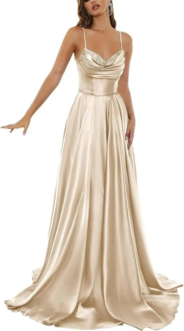 Prom Dress Spaghetti Strap Maxi Women's Formal Dresses with Beaded and Ruched