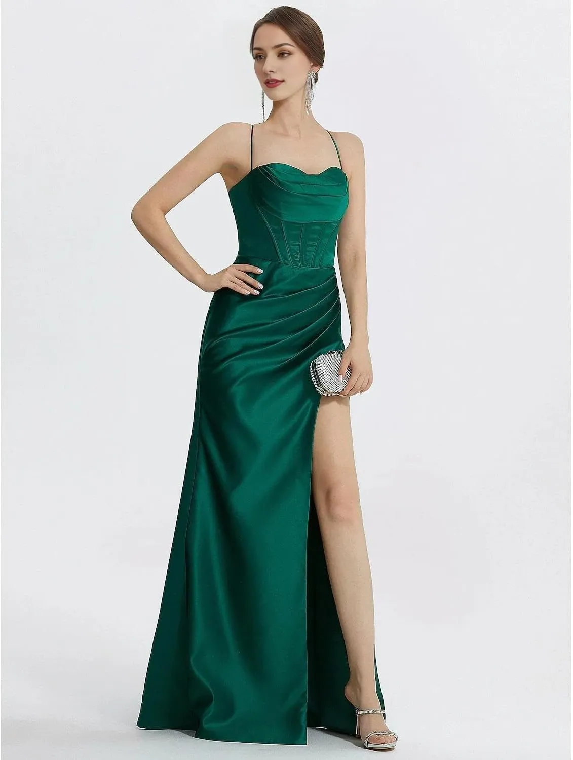 Prom Dresses Long Formal Dress Wedding Guest Dresses Floor Length Sleeveless Cowl Neck Satin with Ruched Slit