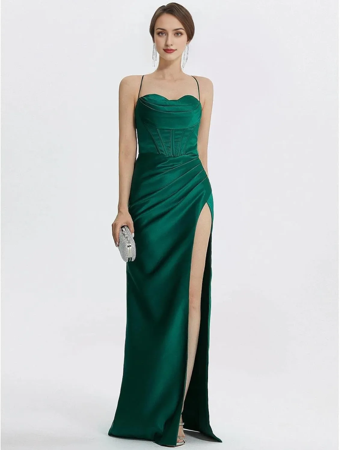 Prom Dresses Long Formal Dress Wedding Guest Dresses Floor Length Sleeveless Cowl Neck Satin with Ruched Slit