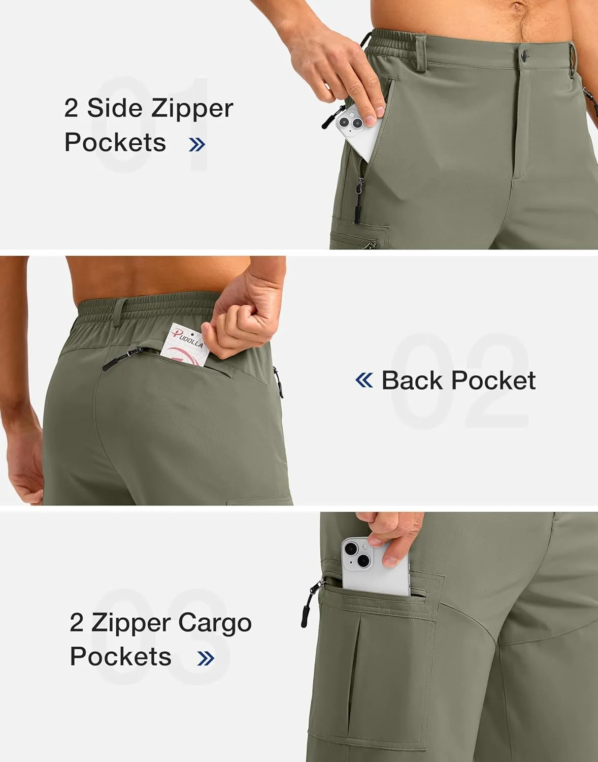 Pudolla Men's Hiking Shorts 11" Lightweight Cargo Work Shorts for Men Summer Travel Golf Casual Outdoor with 5 Pockets