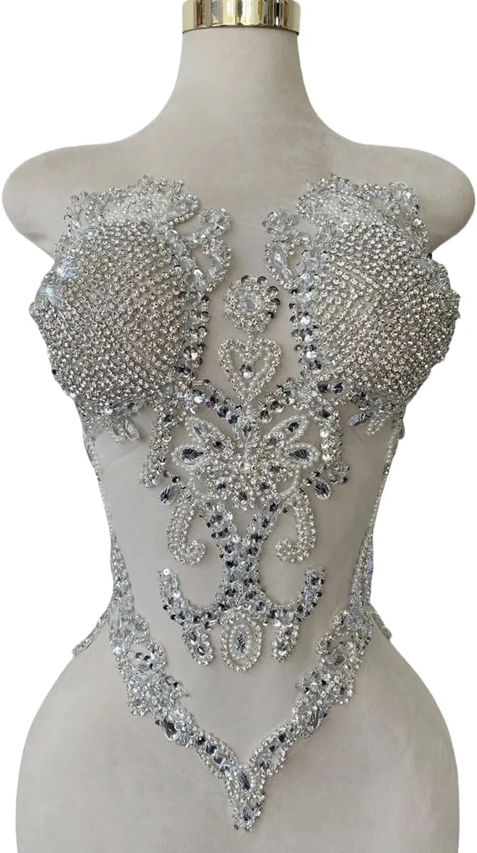 Pure Handmade Bodice lace Rhinestones Applique Sewing Stones Beads Crystal Trimming Patches Accessories for Weding Dress Decorations 13.7X22inches (Silver)