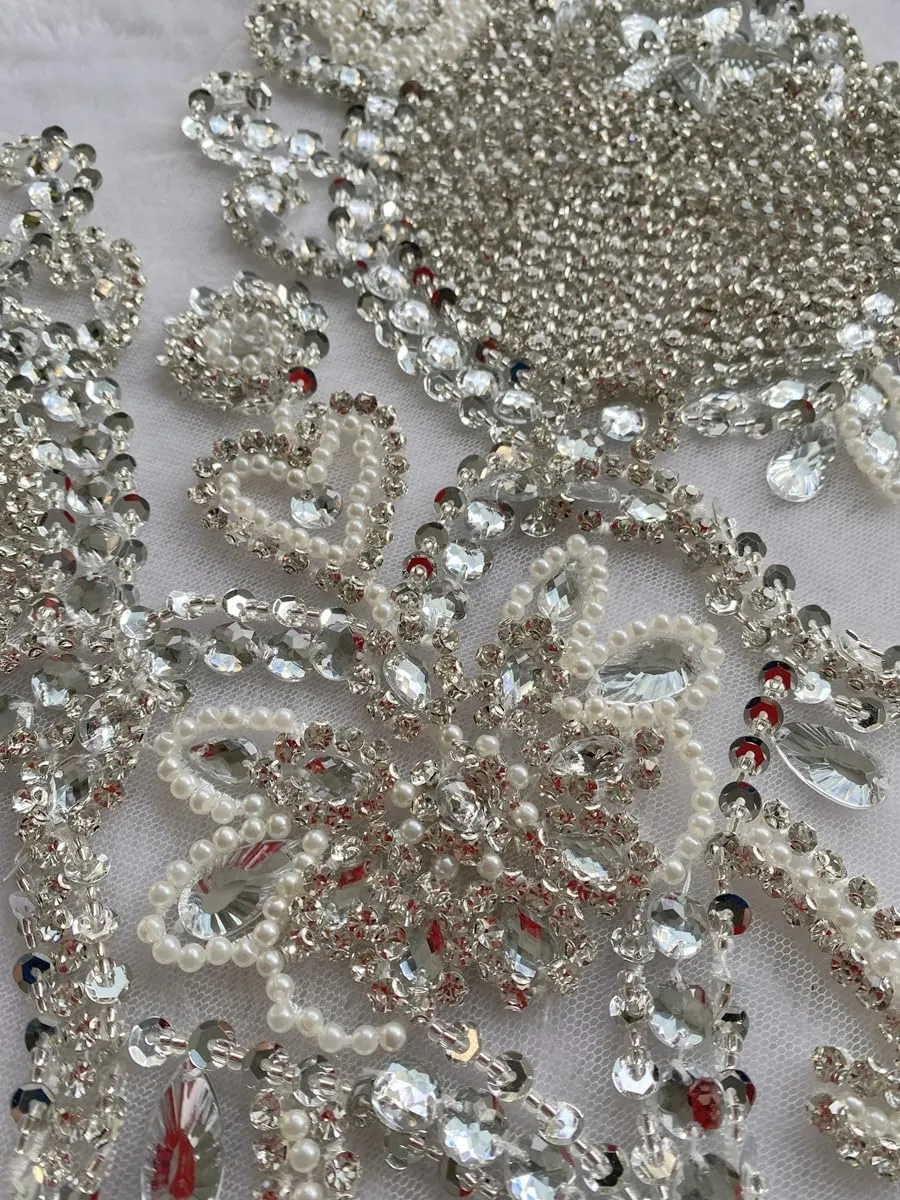 Pure Handmade Bodice lace Rhinestones Applique Sewing Stones Beads Crystal Trimming Patches Accessories for Weding Dress Decorations 13.7X22inches (Silver)