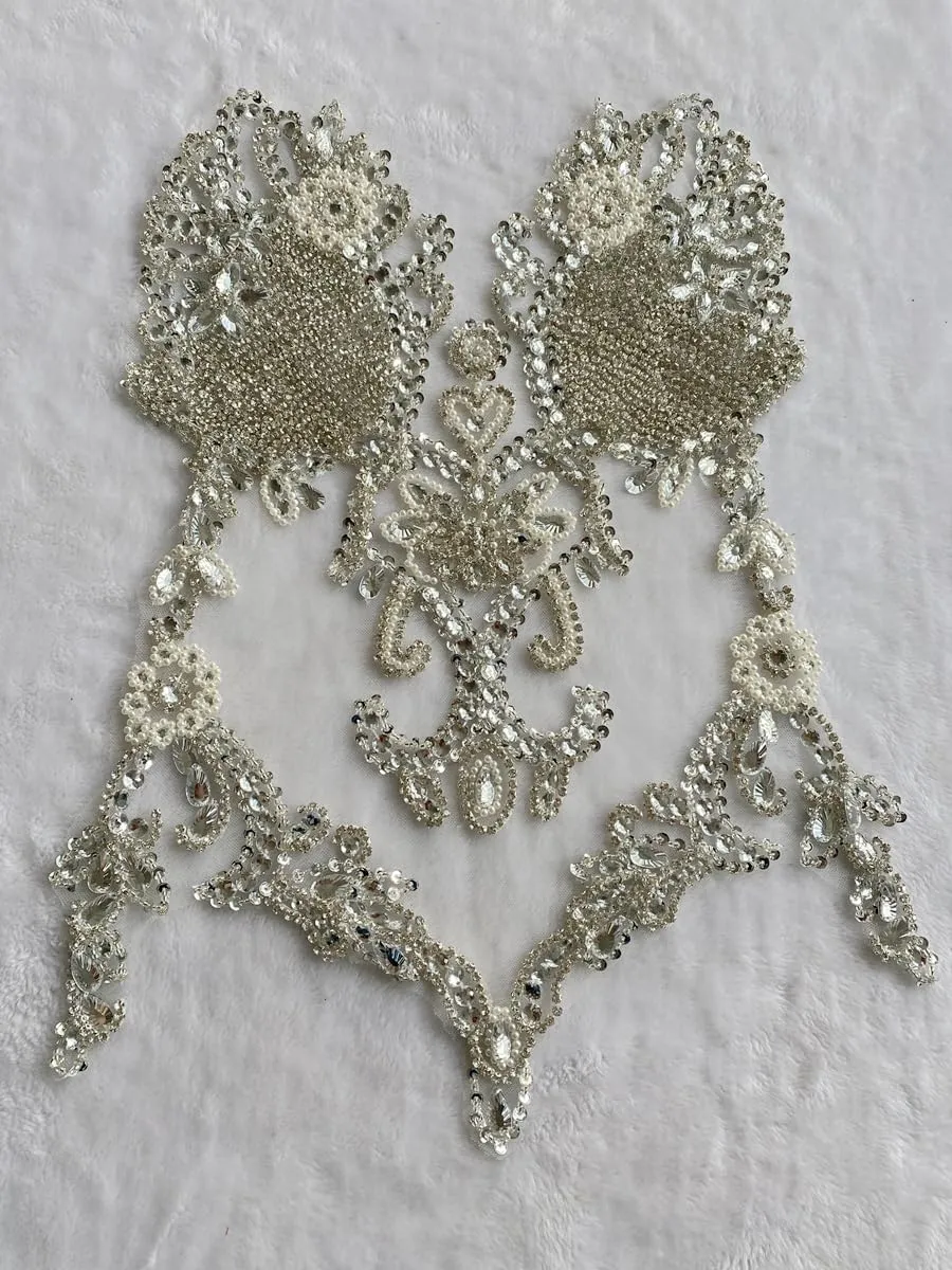 Pure Handmade Bodice lace Rhinestones Applique Sewing Stones Beads Crystal Trimming Patches Accessories for Weding Dress Decorations 13.7X22inches (Silver)