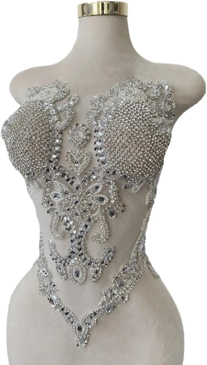 Pure Handmade Bodice lace Rhinestones Applique Sewing Stones Beads Crystal Trimming Patches Accessories for Weding Dress Decorations 13.7X22inches (Silver)