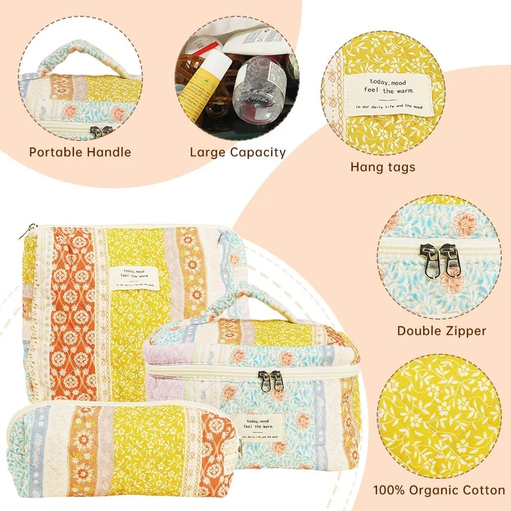 Quilted Makeup Bag Set, Cute Cotton Floral Cosmetic Bags, 3 in 1 Set, Travel Toiletry Organizer