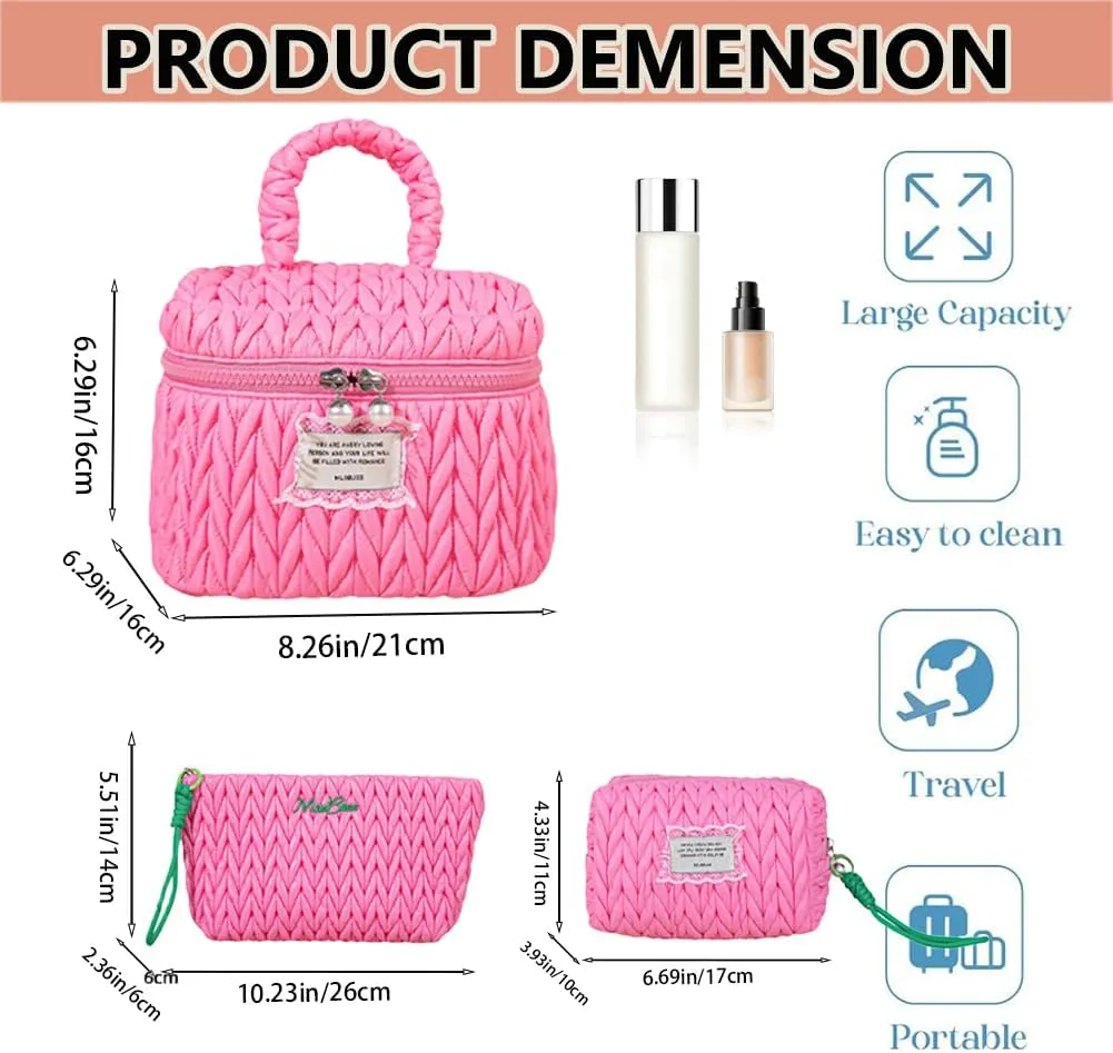 Quilted Makeup Bag Set with Handle, 3 Piece Travel Cosmetic Organizer, Large Capacity Toiletry Cases (Pink)