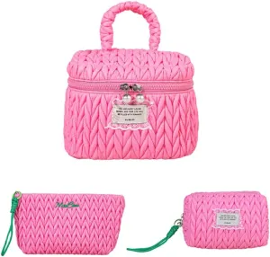 Quilted Makeup Bag Set with Handle, 3 Piece Travel Cosmetic Organizer, Large Capacity Toiletry Cases (Pink)