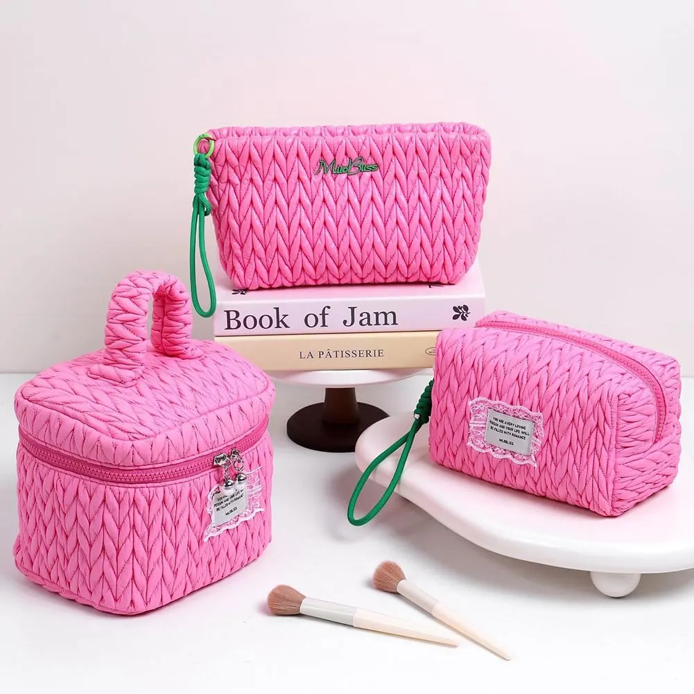 Quilted Makeup Bag Set with Handle, 3 Piece Travel Cosmetic Organizer, Large Capacity Toiletry Cases (Pink)