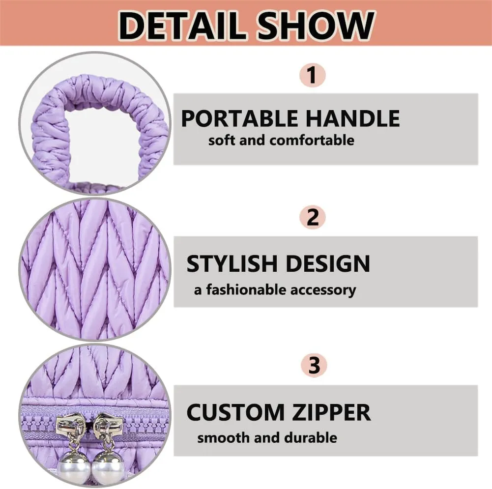 Quilted Makeup Bag Set with Handle, 3 Piece Travel Cosmetic Organizer, Large Capacity Toiletry Cases (Pink)