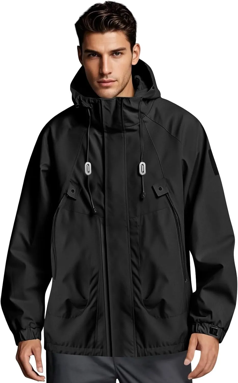 Rain Jacket Men Drawstring Lightweight Waterproof Raincoat Poncho Sun Protective Outdoor Jacket with Hooded