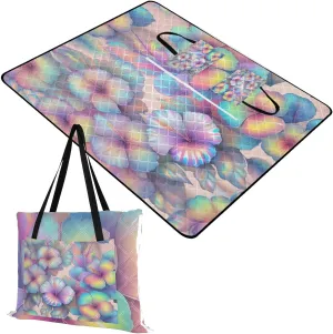 Rainbow Hibiscus Picnic Blankets - Extra Large Waterproof Foldable Portable Picnic Blanket, 60"x80" Beach Blanket Outdoor Mat for Grass Park, Hiking, Travel
