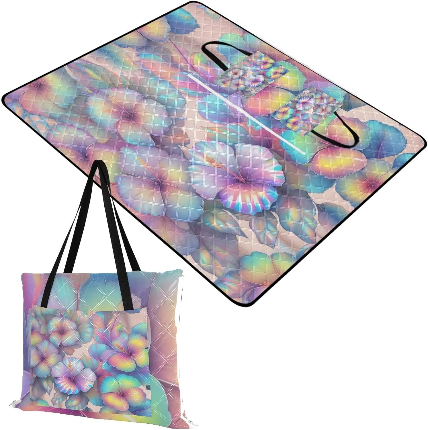 Rainbow Hibiscus Picnic Blankets - Extra Large Waterproof Foldable Portable Picnic Blanket, 60"x80" Beach Blanket Outdoor Mat for Grass Park, Hiking, Travel