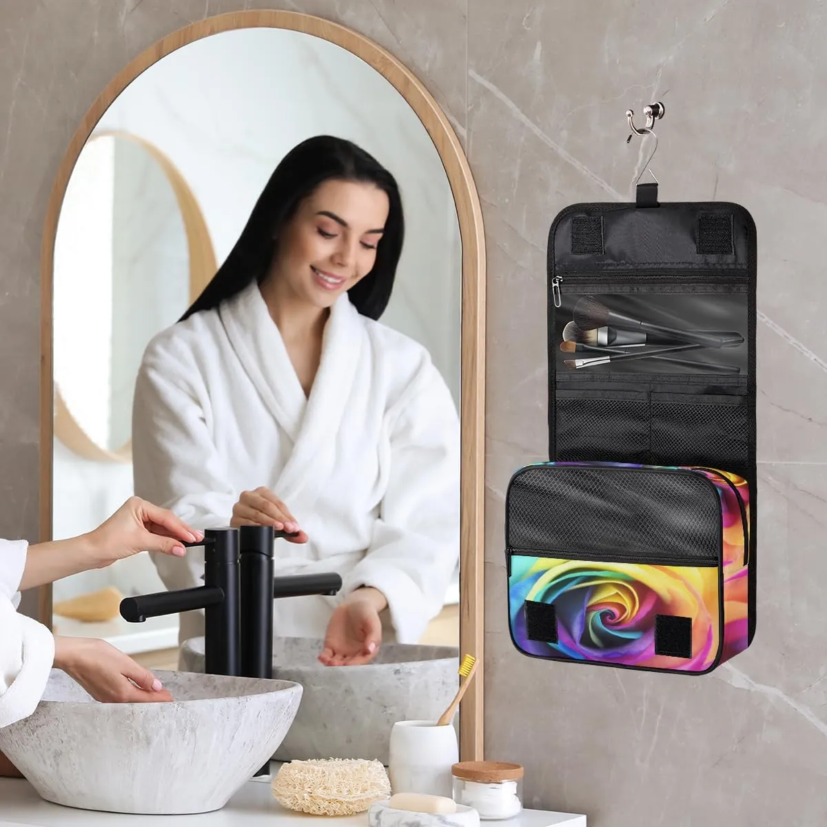 Rainbow Rose Makeup Bag Travel Cosmetic Bag with Zipper Pocket and Handle Travel Makeup Organizer Bag Water-resistant Toiletry Bags for Traveling Women Men Ladies Girls