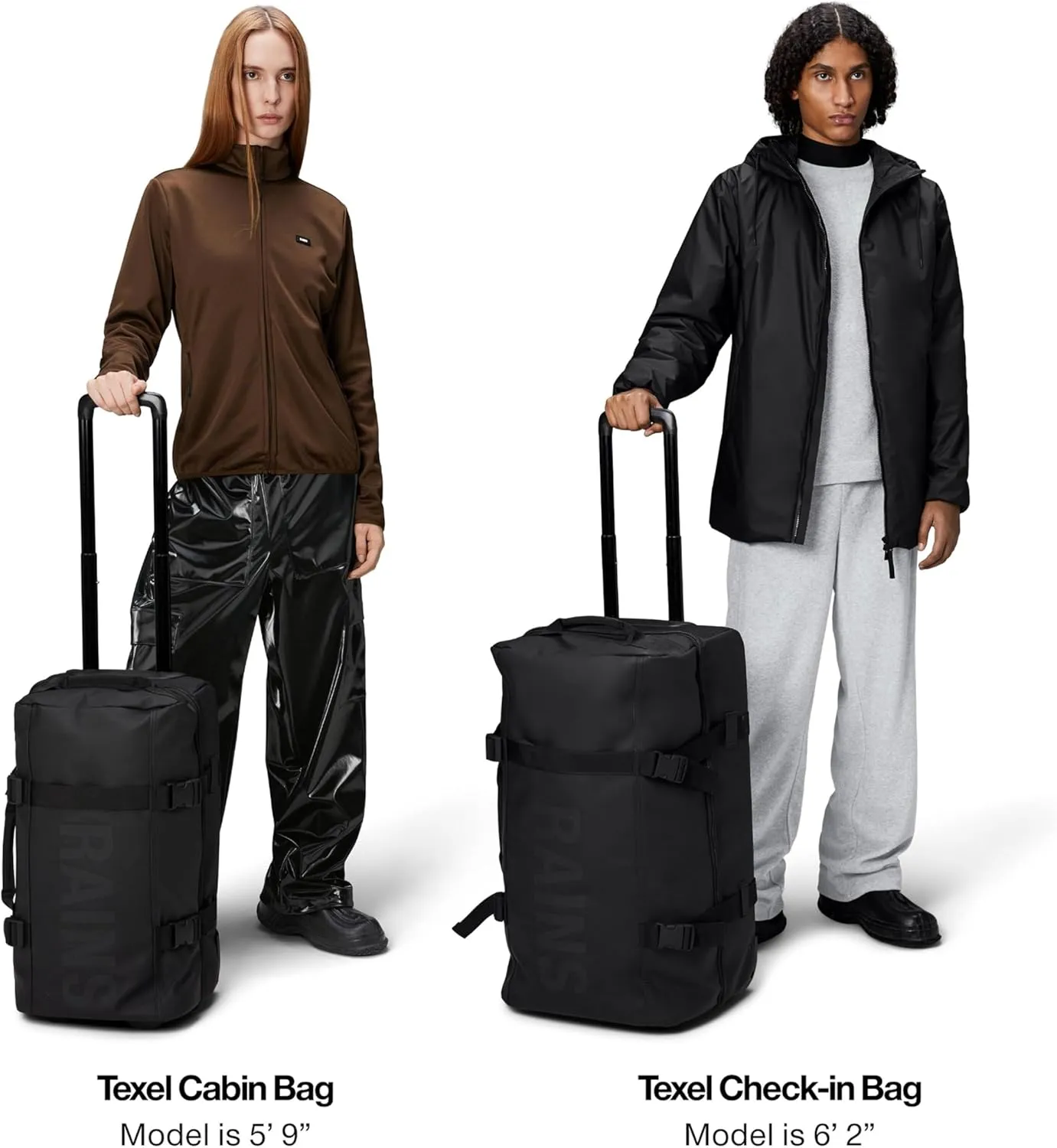 RAINS Texel Travel Bag, Waterproof Duffel Bag with Telescopic Handle and 2 Wheels, 2 Year Warranty - Ideal Travel Companion (Black, Check In)