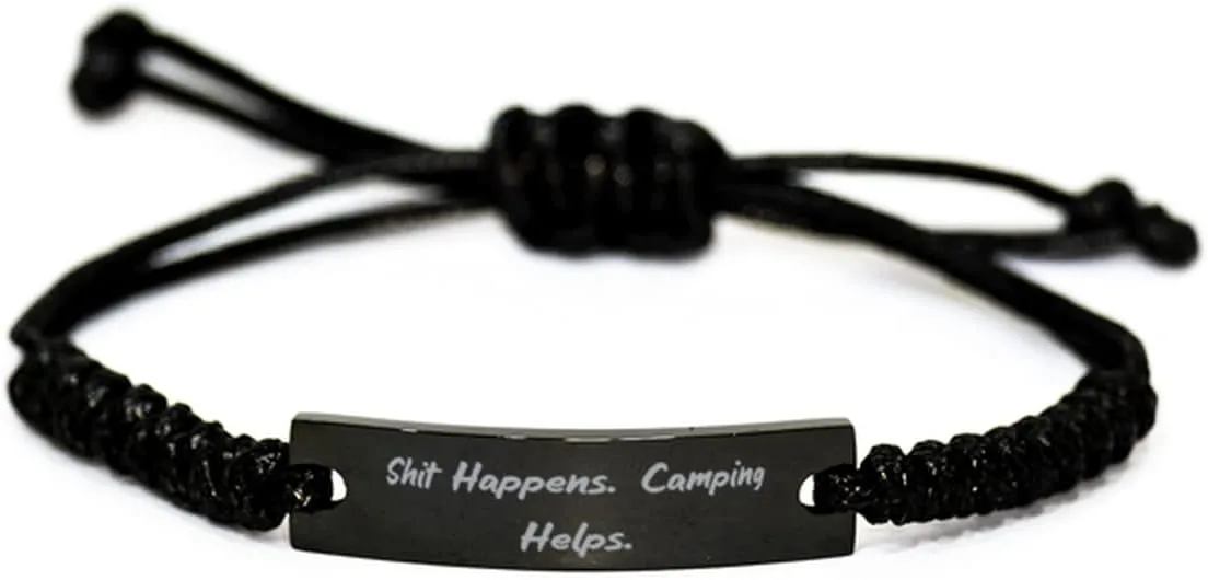 Reusable Camping Black Rope Bracelet, Shit Happens, Gifts for Friends, Present from Friends, Engraved Bracelet for Camping, Outdoor, Camping Gear, Hiking, Backpacking, Tents, Sleeping Bags, Campfires