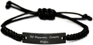 Reusable Camping Black Rope Bracelet, Shit Happens, Gifts for Friends, Present from Friends, Engraved Bracelet for Camping, Outdoor, Camping Gear, Hiking, Backpacking, Tents, Sleeping Bags, Campfires
