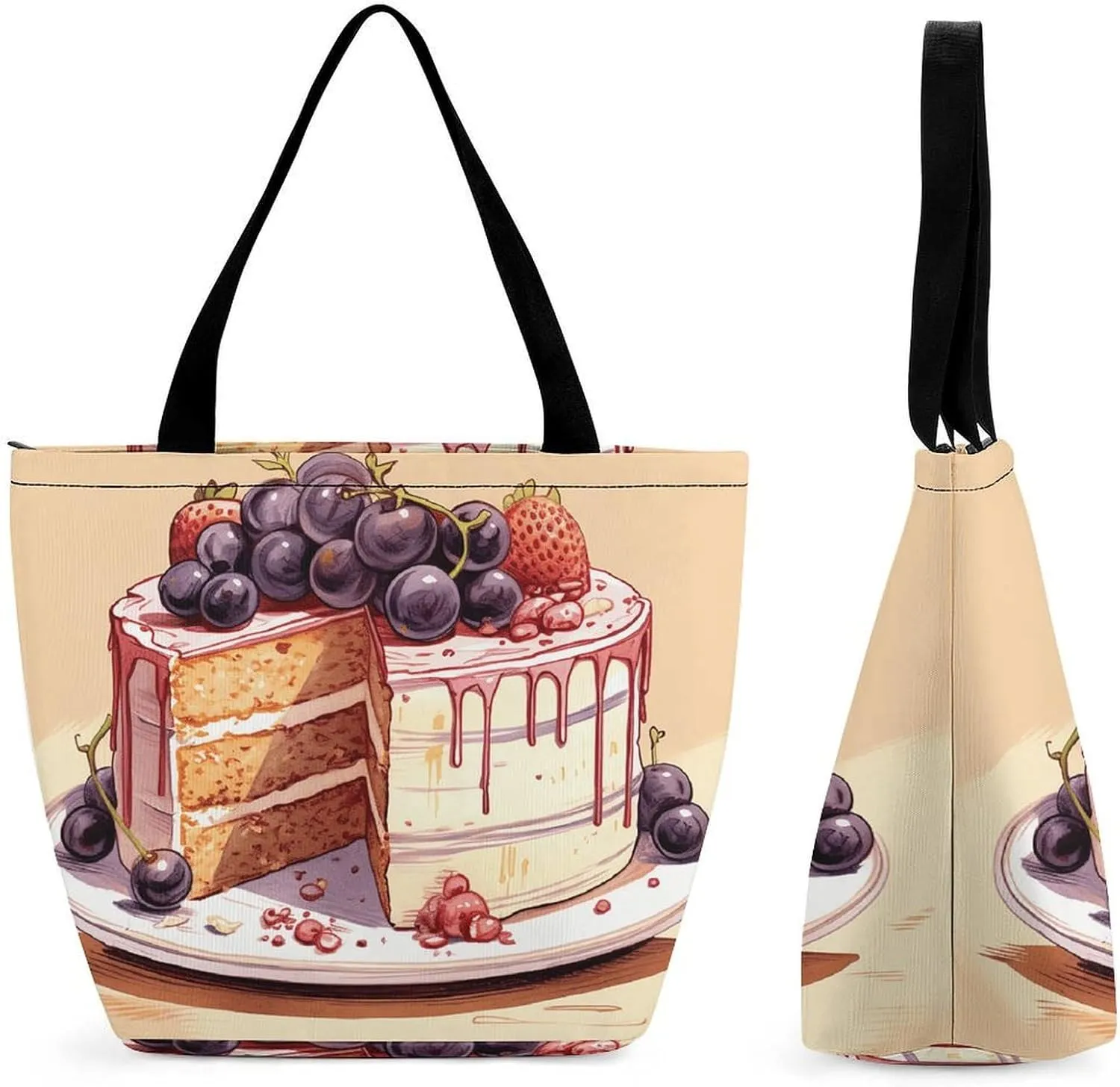 Reusable Shopping Bags for Women Large Grocery Bags Travel Tote Bags Fruit Cake Pictures Shoulder Bag for Work