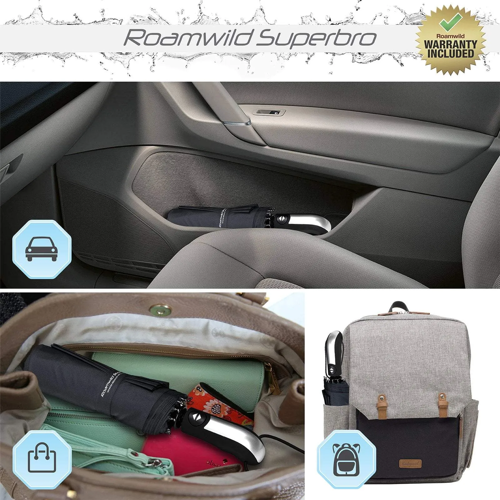 Roamwild SuperBRO Super Strong Black Fast Drying Automatic Compact Umbrella