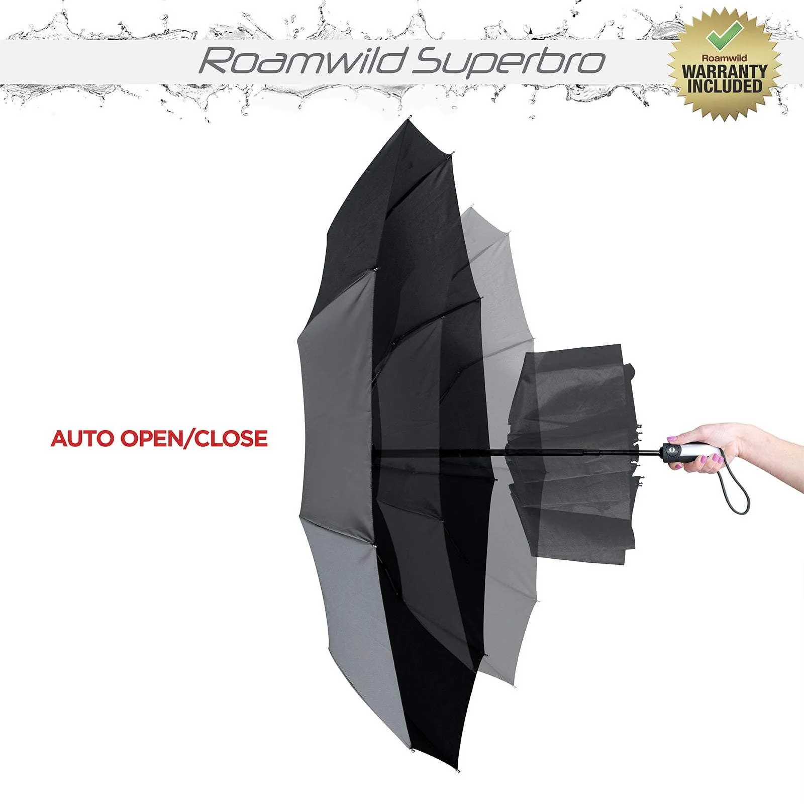 Roamwild SuperBRO Super Strong Black Fast Drying Automatic Compact Umbrella