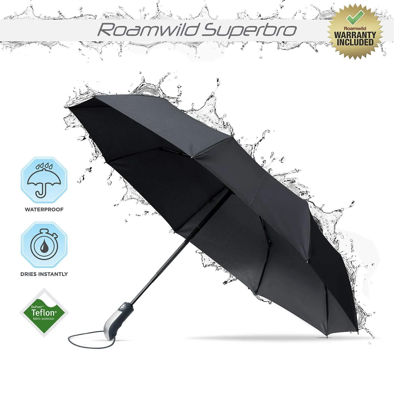 Roamwild SuperBRO Super Strong Black Fast Drying Automatic Compact Umbrella