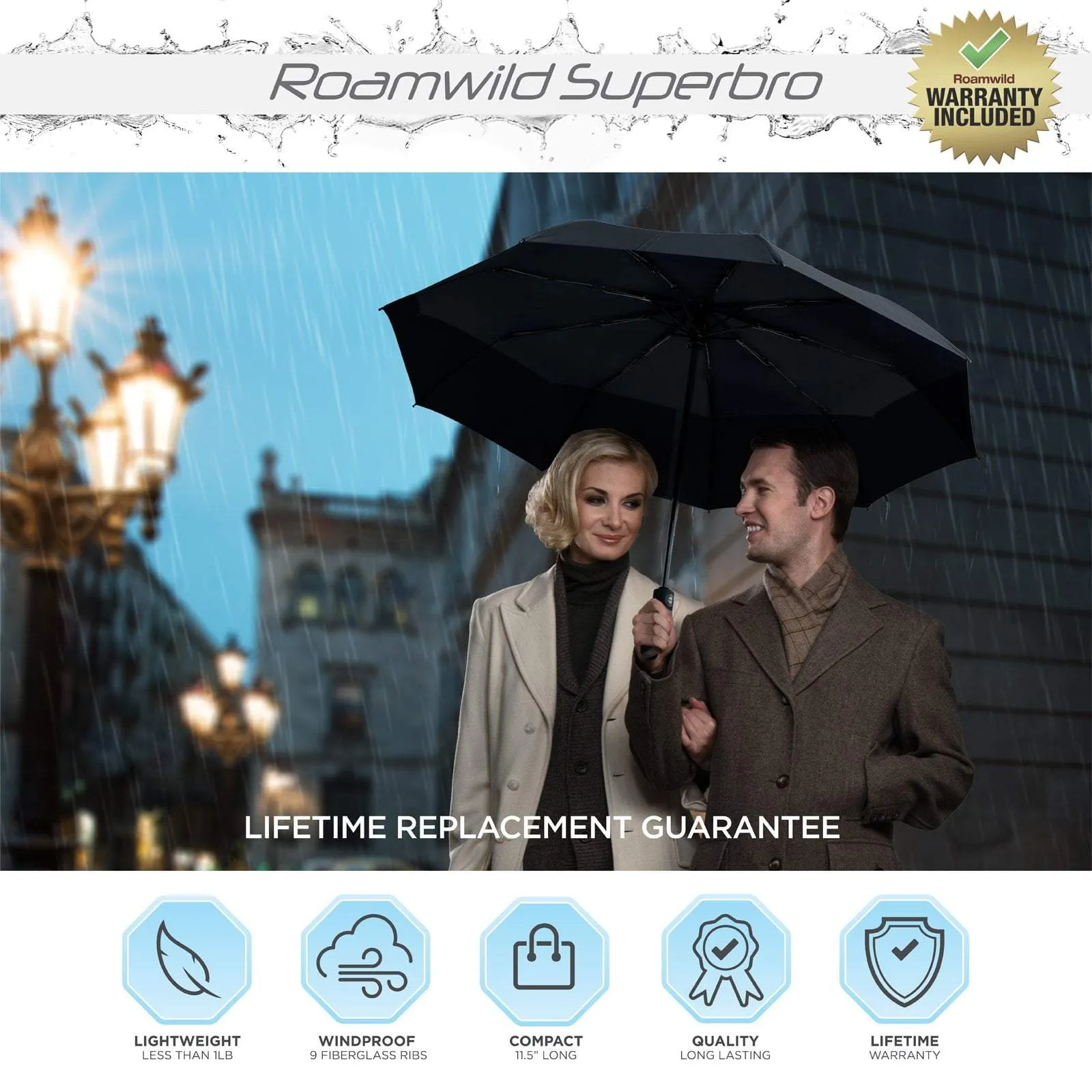 Roamwild SuperBRO Super Strong Black Fast Drying Automatic Compact Umbrella