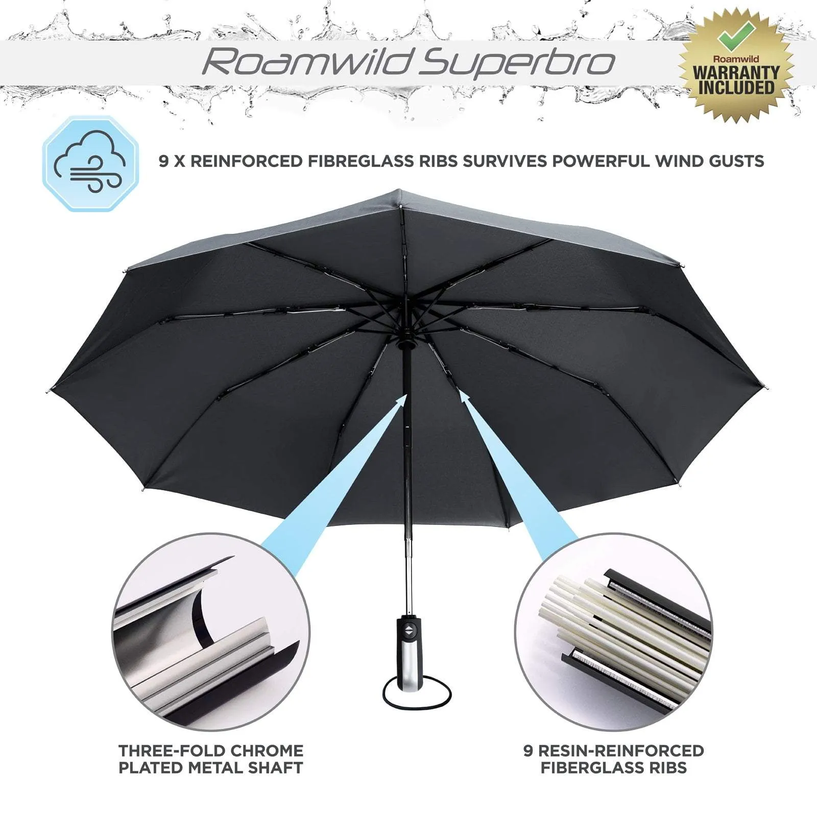 Roamwild SuperBRO Super Strong Black Fast Drying Automatic Compact Umbrella