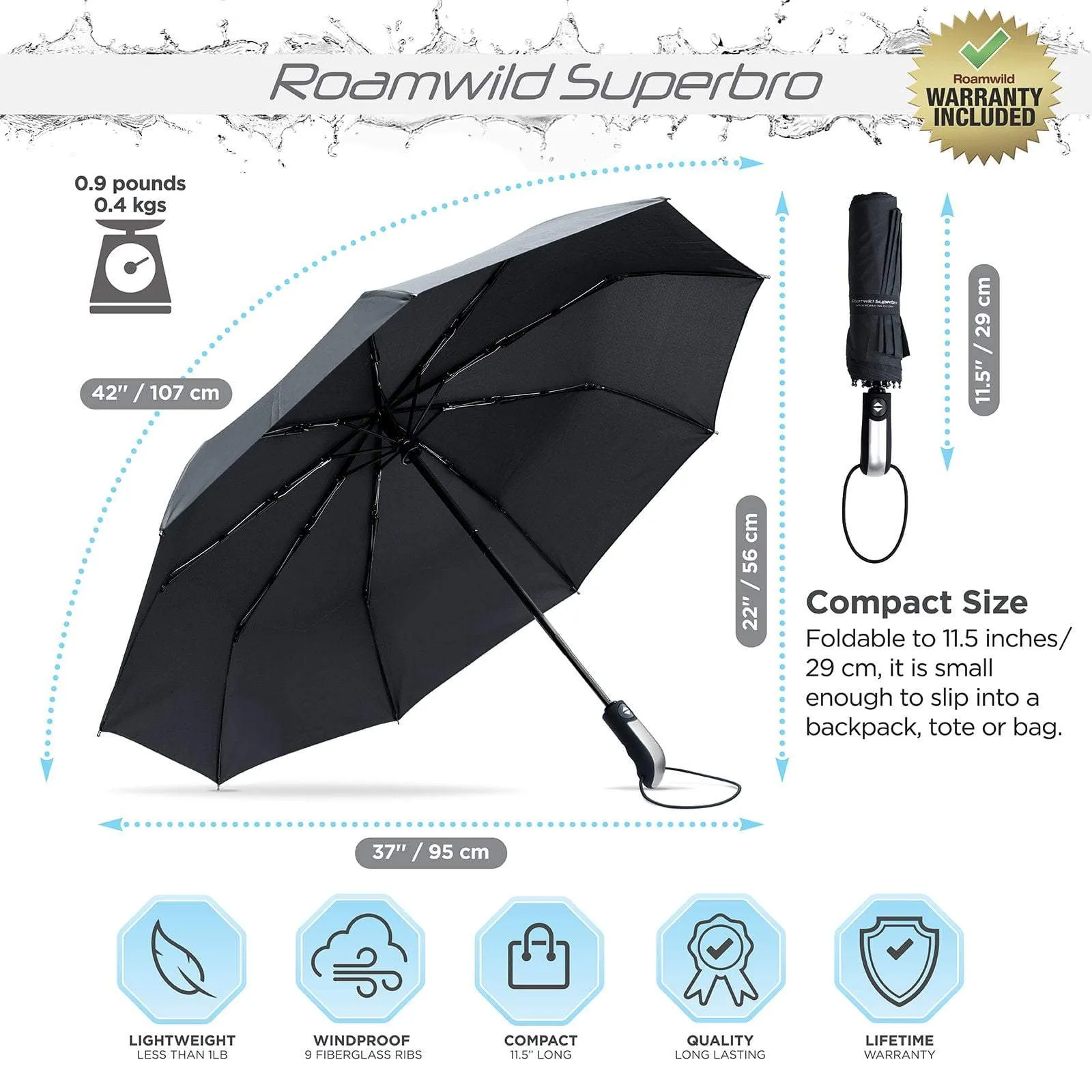 Roamwild SuperBRO Super Strong Black Fast Drying Automatic Compact Umbrella