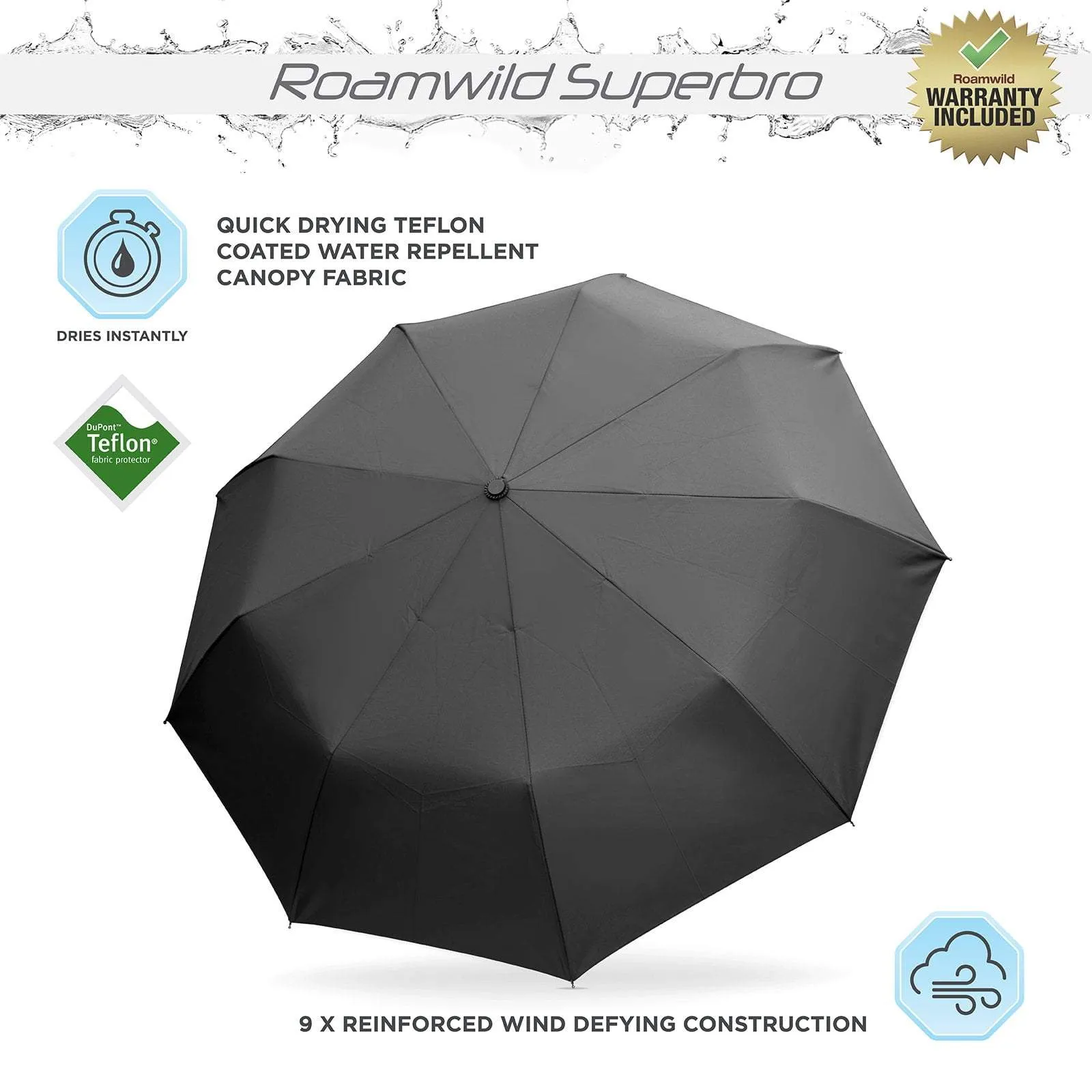 Roamwild SuperBRO Super Strong Black Fast Drying Automatic Compact Umbrella