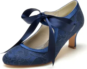 Roimaash Vintage Ribbon Lace Bow Wedding Pumps Round Toe