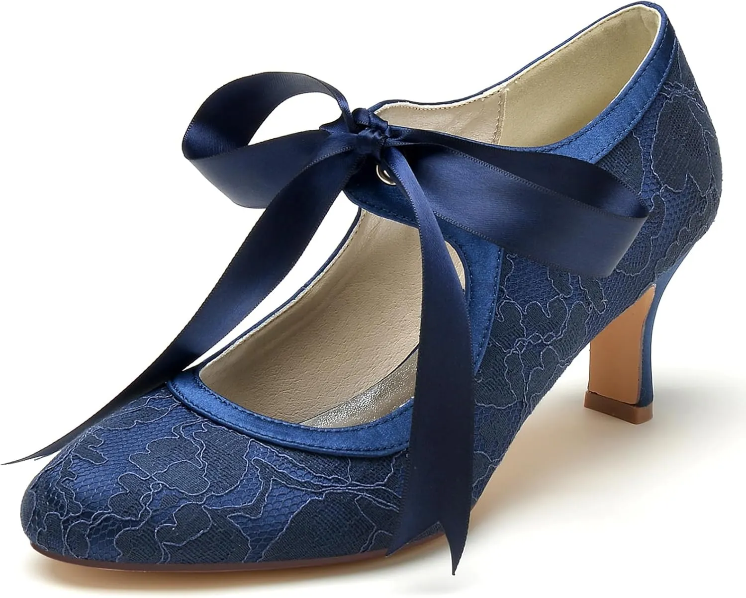 Roimaash Vintage Ribbon Lace Bow Wedding Pumps Round Toe