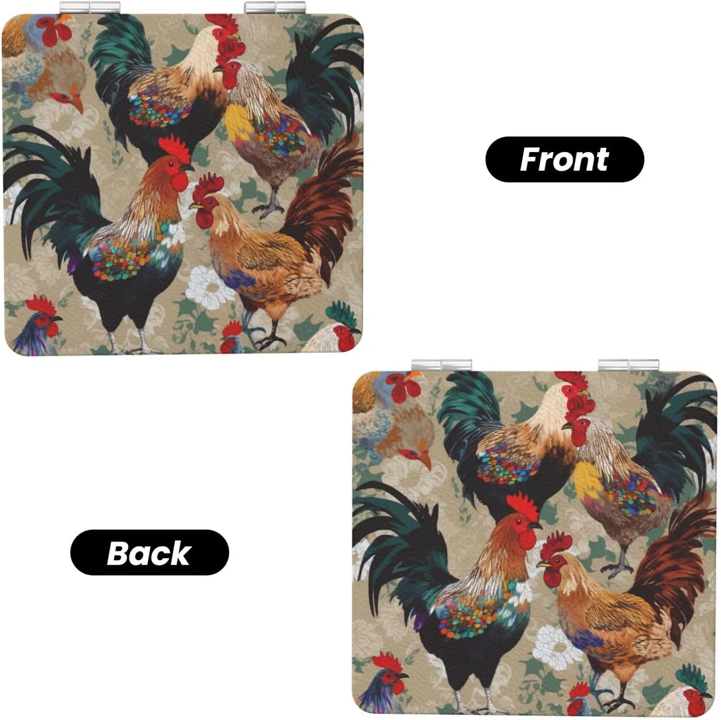 Rooster and Chicken Print Printed Square Pocket Makeup Mirror with 1X/2X Magnification, Portable Mini Travel Makeup Mirror for Travel Daily Work Beauty