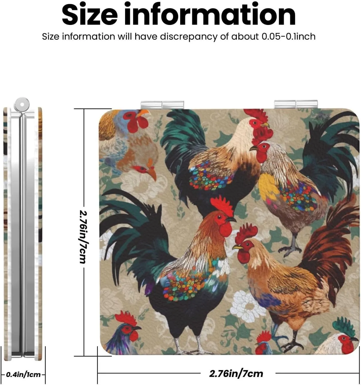 Rooster and Chicken Print Printed Square Pocket Makeup Mirror with 1X/2X Magnification, Portable Mini Travel Makeup Mirror for Travel Daily Work Beauty