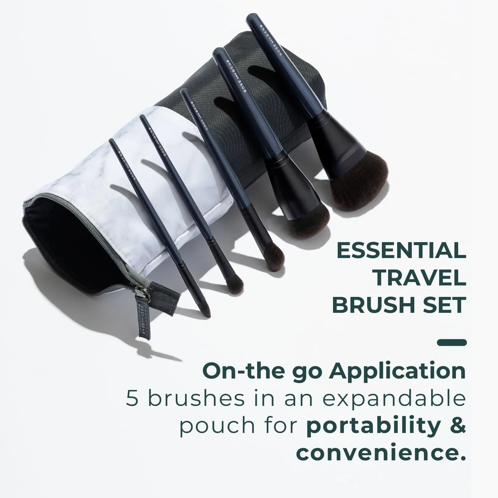 Rose and Ben Beauty Essential Travel 5 Piece Brush Set | Professional Blending Brush for Liquid & Cream Makeup | Cruelty Free
