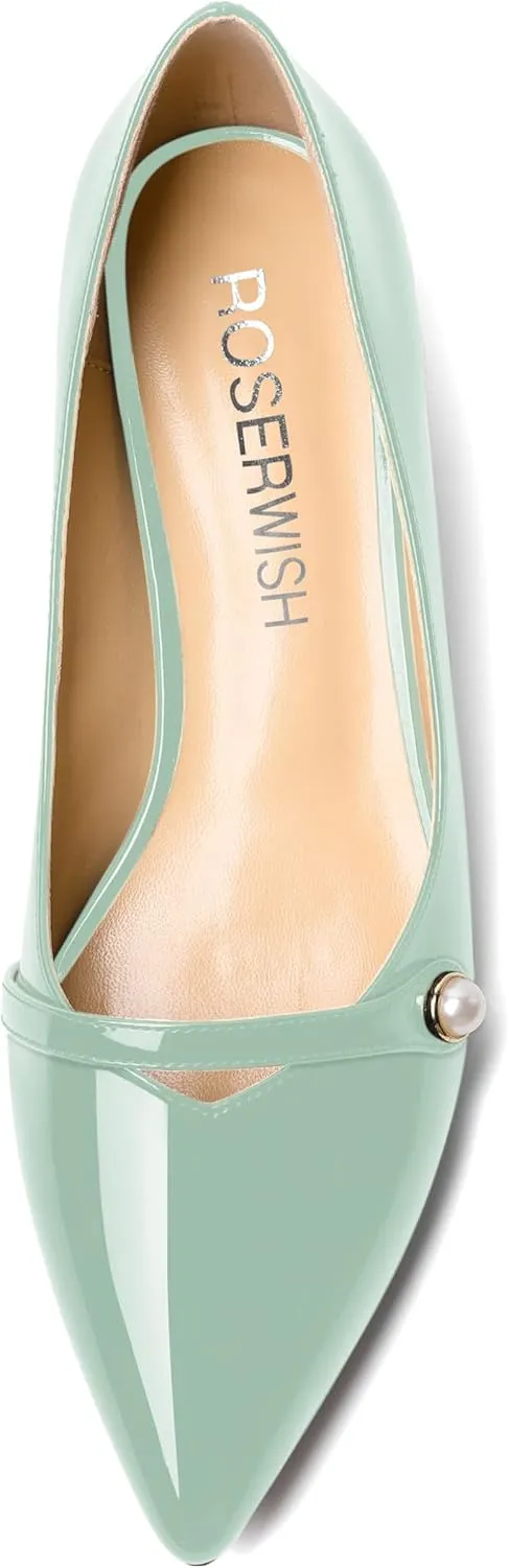 ROSERWISH Womens Evening Dress Wedding Slip On Pointed Toe Patent Kitten Low Heel Pumps Shoes 1.5 Inch