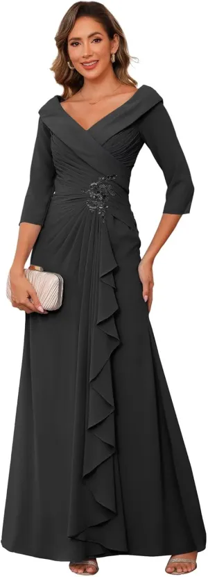 RSOETOO Chiffon Mother of The Bride Dresses for Wedding Long with 3/4 Sleeves Ruffles Applique Formal Dress RO187