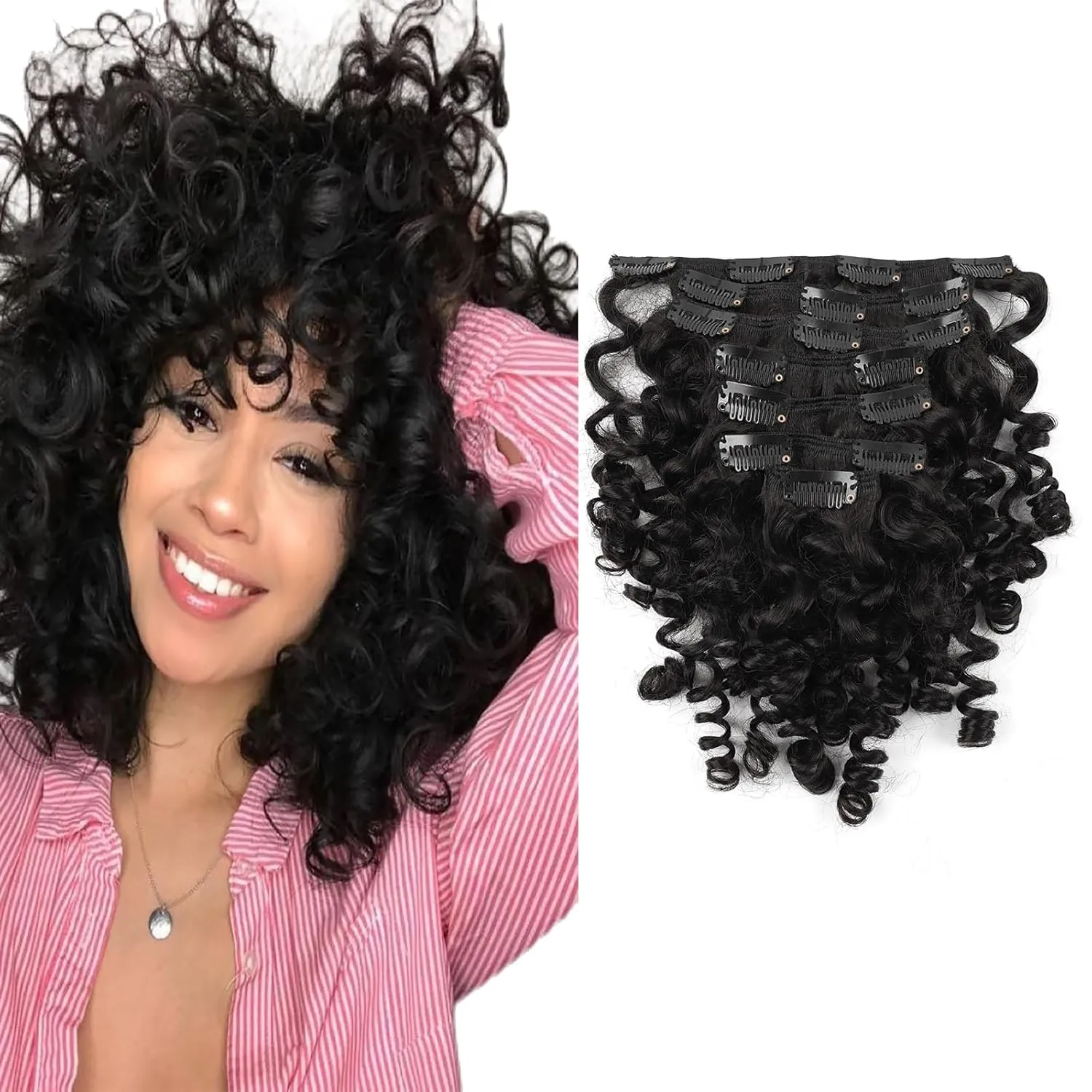 Sassina Natural Loose Curly Clip in Hair Extensions Remy Human Hair Double Weft Curly Clip in Human Hair Extensions Natural Black Brazilian Virgin Human Hair for Black Women 7Pcs 120G 20 Inch