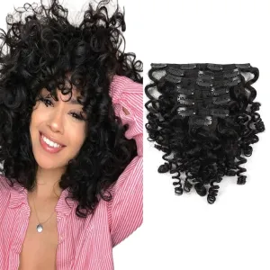 Sassina Natural Loose Curly Clip in Hair Extensions Remy Human Hair Double Weft Curly Clip in Human Hair Extensions Natural Black Brazilian Virgin Human Hair for Black Women 7Pcs 120G 20 Inch