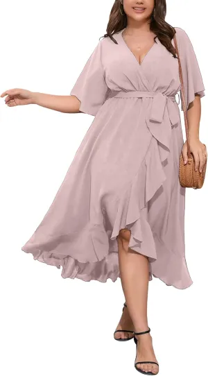 SCOMCHIC Women Plus Size Maxi Dress Short Sleeve Wrap V Neck High Low Split Ruffle Long Dress