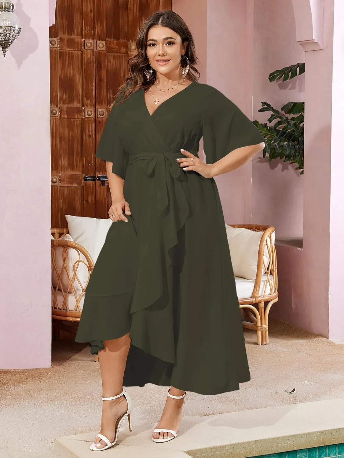 SCOMCHIC Women Plus Size Maxi Dress Short Sleeve Wrap V Neck High Low Split Ruffle Long Dress
