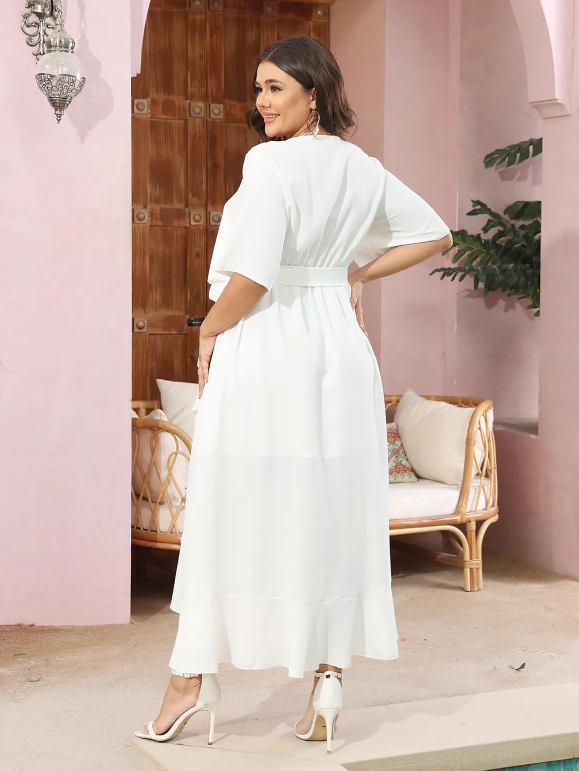 SCOMCHIC Women Plus Size Maxi Dress Short Sleeve Wrap V Neck High Low Split Ruffle Long Dress
