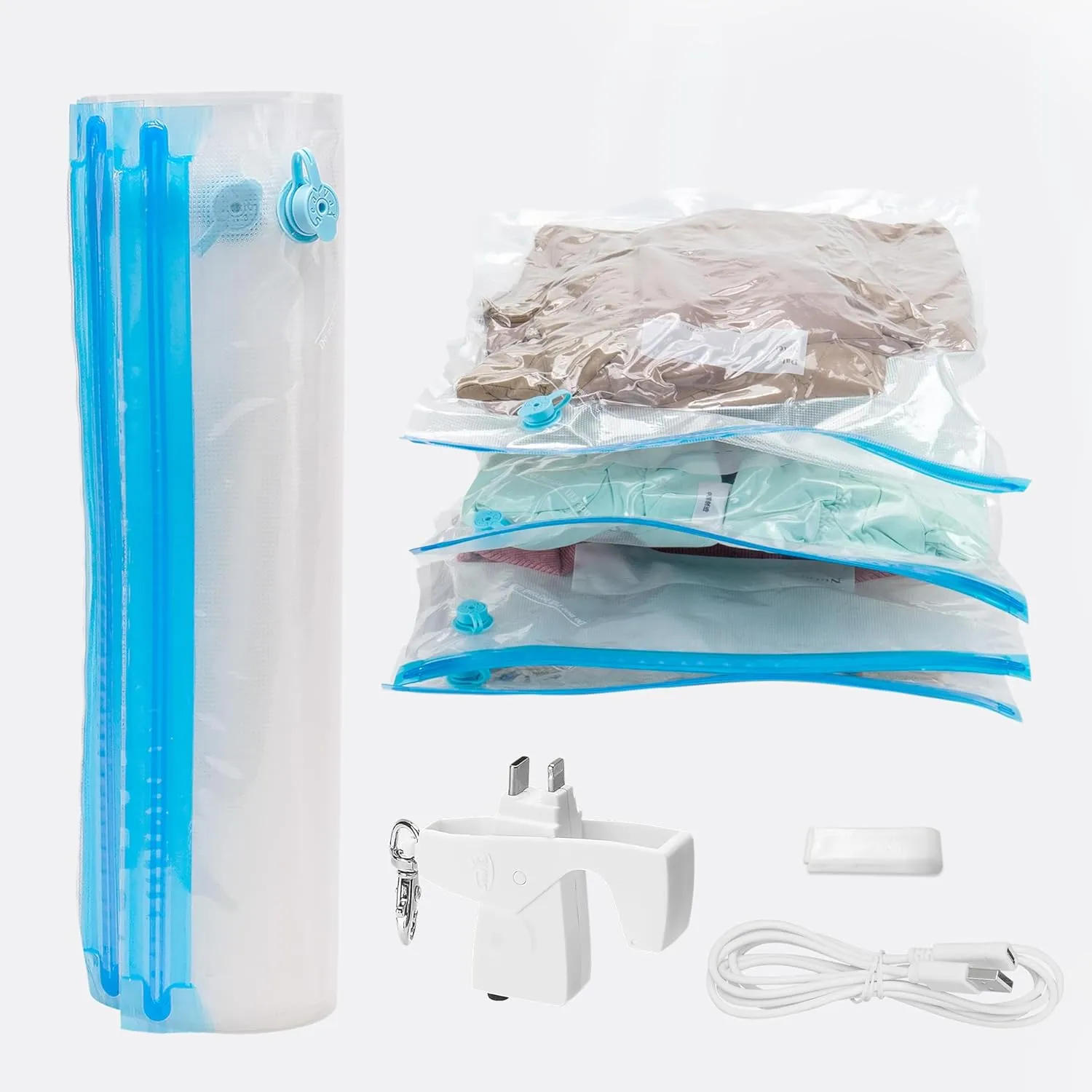 SealVax® Vacuum Compression Bags – Travel-Sized, Phone-Powered Pump, 5 Reusable Space-Saver Bags with Patented Valves – No Battery, Airplane-Friendly (Includes Cable Clip)