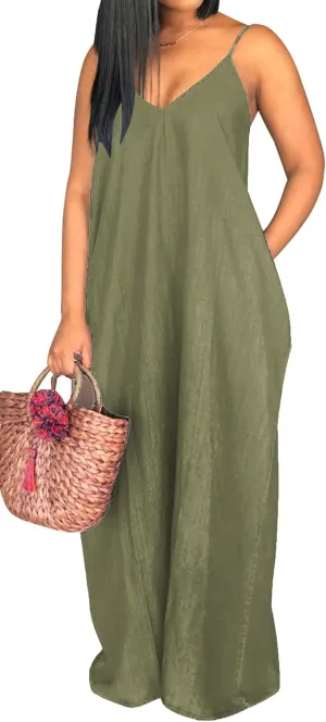 SeNight Women's Sexy Maxi Denim Dresses Casual Spaghetti Strap Striped Long Sundress Wiht Pockets